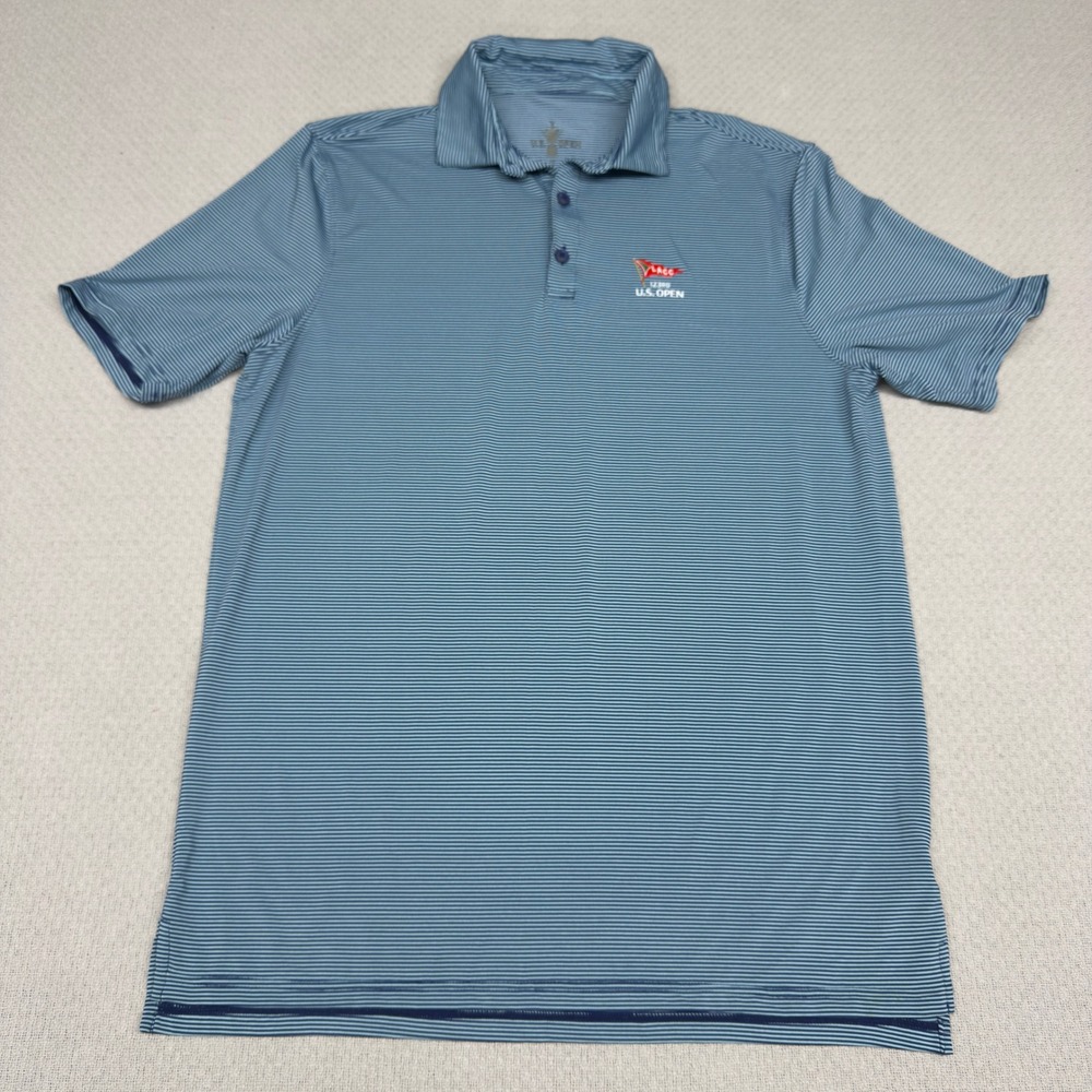 123rd US Open Polo Shirt Mens Medium Blue Striped LACC Golf Performance Stretch